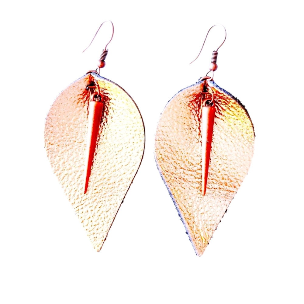 Rose Gold Leather Leaf Earrings w/ Metal Bronze Charm. NWT